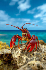 A striking lobster perched on a rocky surface, showcasing its vivid colors against a backdrop of blue sky and clear ocean.