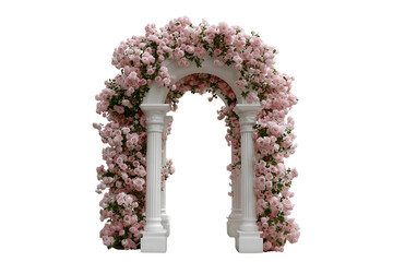Pink rose arch and white Roman columns, wedding background