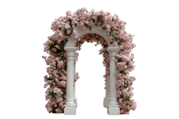 Pink rose arch and white Roman columns, wedding background
