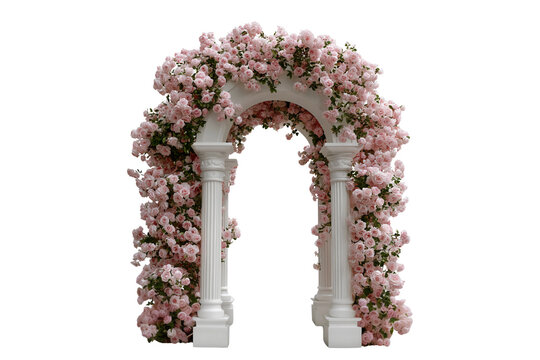 Pink rose arch and white Roman columns, wedding background