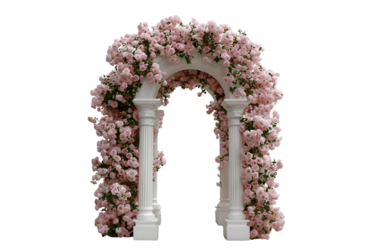 Pink rose arch and white Roman columns, wedding background