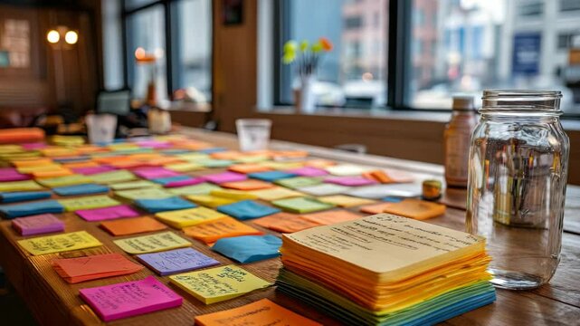 A close-up of vibrant sticky notes scattered on a wooden desk with books, capturing an active creative workspace.