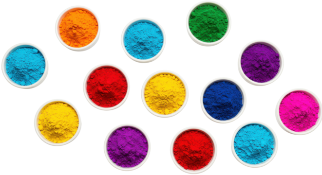 Colorful collection of vibrant Holi powder in bowls isolated PNG with Transparent Background - Powered by Adobe
