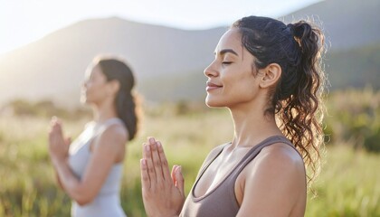 Obraz premium Two women peacefully meditating outdoors in a sunny, natural setting with mountains in the background. Ideal for wellness and healthy lifestyle advertisements