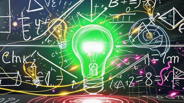 Starting glow in green bulb pulsing on chalkboard background and tracing equations showing energy - Powered by Adobe