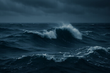 Fototapeta premium A moody, high-contrast ocean background with deep blue waves, white foam, and overcast skies, evoking power and intensity.