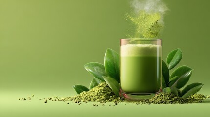 Refreshing Matcha Latte Green Tea Powder Drink with Leaves A healthy beverage concept