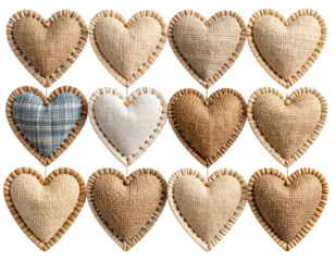 Set of Rustic Hand-Stitched Hearts on Burlap Fabric with Visible Thread Texture, isolated on transparent background
