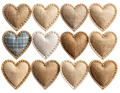 Set of Rustic Hand-Stitched Hearts on Burlap Fabric with Visible Thread Texture, isolated on transparent background