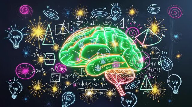 Animating neon brain pulsing glow on chalkboard with formulas and doodles and flickering starbursts