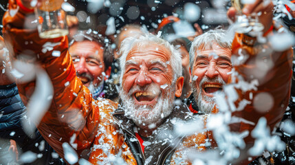 Group of joyful elderly men celebrating with raised glasses, surrounded by falling confetti and snowflakes, capturing the essence of happiness and camaraderie during a festive event