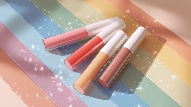 Four Colorful Lip Glosses Arranged on Pastel Rainbow Stripes Background Stylish Makeup Product