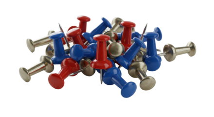 Pile of red, blue, and silver push pins isolated PNG with Transparent Background