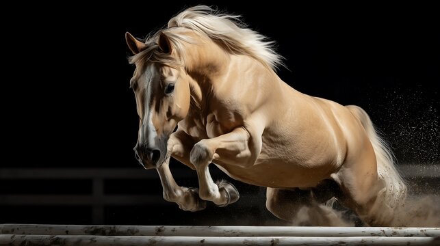 White Horse Performing a High Jump Over Fence in Arena, deep black background, copy space