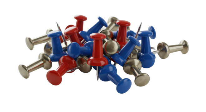 Pile of red, blue, and silver push pins isolated PNG with Transparent Background