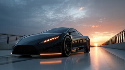 Obraz premium Sleek Black Sports Car on Modern Bridge at Sunset Luxury Vehicle Driving at Dusk