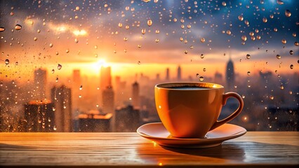Obraz premium Warm Coffee at Sunrise: Rainy Cityscape View from Window