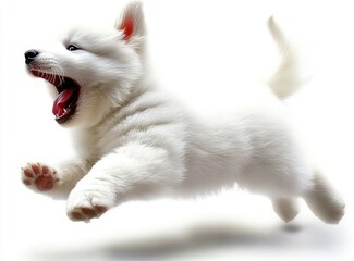 Fototapeta premium White puppy, mouth open, running, mid-air, against white background