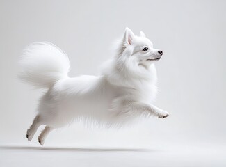 White dog in mid-air,  fluffy coat, studio shot