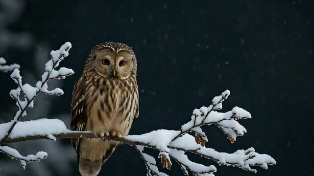 Owl perched on snow-covered branch in winter forest. Snow falling at night. Wildlife background