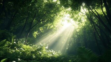 Obraz premium Wide-angle shot of a beautiful green forest canopy with sunlight filtering through