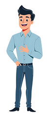 Fototapeta premium Smiling man cartoon with blue shirt and dark pants expressing happiness and friendliness