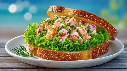 Classic crab stick sandwich with creamy filling, lifestyle lunchbox concept, summertime meal or snack, fresh and tasty lunch, realistic food photography, perfect for picnic.