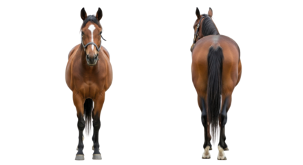 Chestnut horse seen from front and back views isolated PNG with Transparent Background