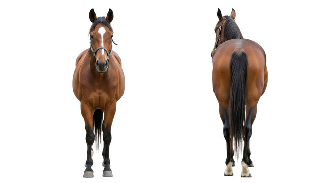 Chestnut horse seen from front and back views isolated PNG with Transparent Background