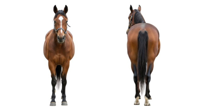 Chestnut horse seen from front and back views isolated PNG with Transparent Background