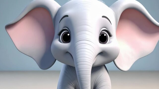 Animated baby elephant with large ears sits in a cute pose and smiles in a bright room, appealing children's cartoon.