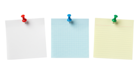 Three sticky notes with push pins on white background