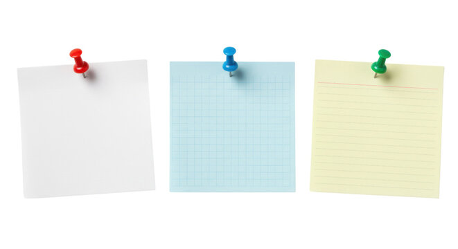 Three sticky notes with push pins on white background