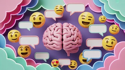 Brain surrounded by colorful emojis and speech bubbles representing individuality  