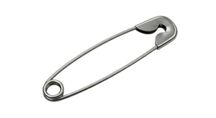 Single shiny metallic silver safety pin, opened and isolated on white background