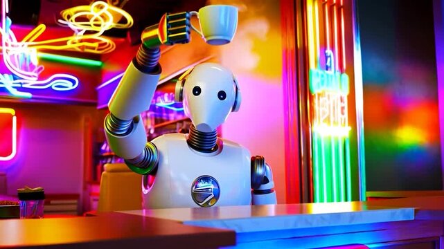 Robot serving coffee in neon diner