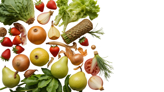 Healthy Food Flat Lay with Central Copy Area – Isolated Fresh Fruits and Veggies on White Background