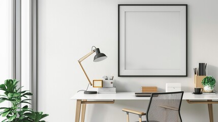 Cozy and modern home office interior with laptop computer desk lamp and potted houseplant on a minimalist wooden table  Comfortable and productive workspace setup