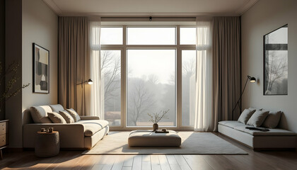 Fototapeta premium Living Room Interior with Large Window and Natural Light