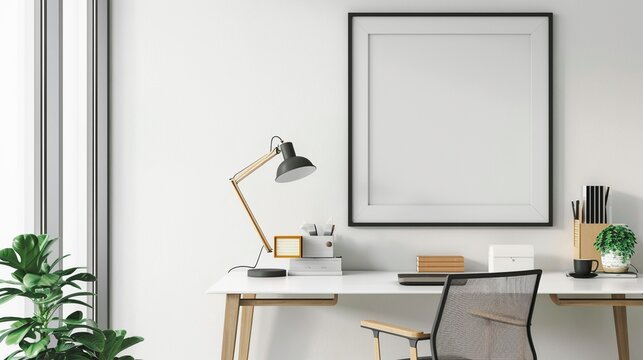 Cozy and modern home office interior with laptop computer desk lamp and potted houseplant on a minimalist wooden table  Comfortable and productive workspace setup