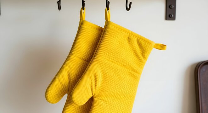 two pairs of yellow comfortable oven mitts in the kitchen