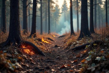 Obraz premium Scorched Forest Devastating Summer Wildfire Aftermath Illustrates Extreme Heat and its Impact on Woodland Ecosystems