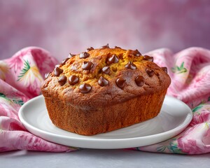 Moist banana chocolate chip loaf, warm homemade pastry on plate, detailed and tempting food photography, comforting baked dessert for rustic lifestyle.