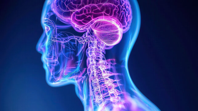 Vibrant illustration of human brain and spinal cord, showcasing neural connections in bright colors, evoking sense of wonder and curiosity