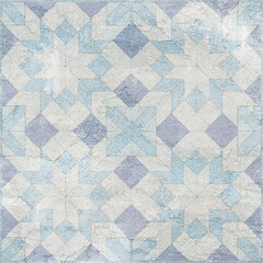 Colorful ceramic wall tiles decoration. Abstract damask patchwork pattern with geometric and floral ornaments, Vintage tiles intricate details