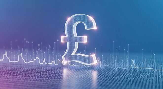 Digital glowing Pound symbol with data chart in blue finance space