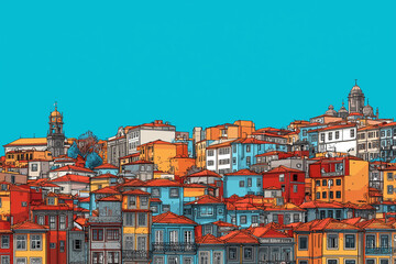 Naklejka premium Drawing of the city of Porto (Portugal). Flat colors: red, yellow, blue, light blue, orange, and white