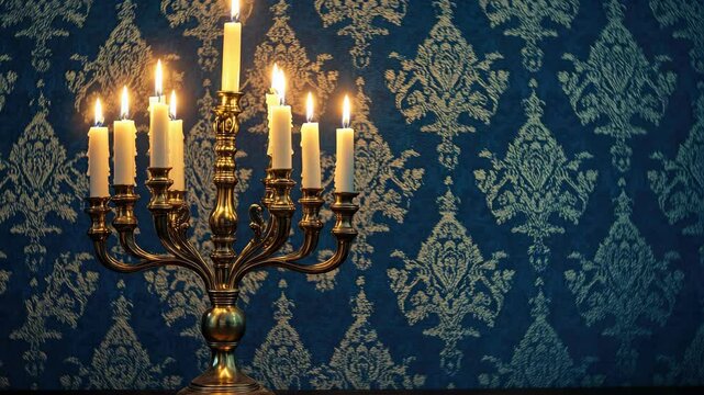 Vintage style candelabra with lit candles, creating a warm and elegant atmosphere in a room decorated with blue patterned wallpaper.