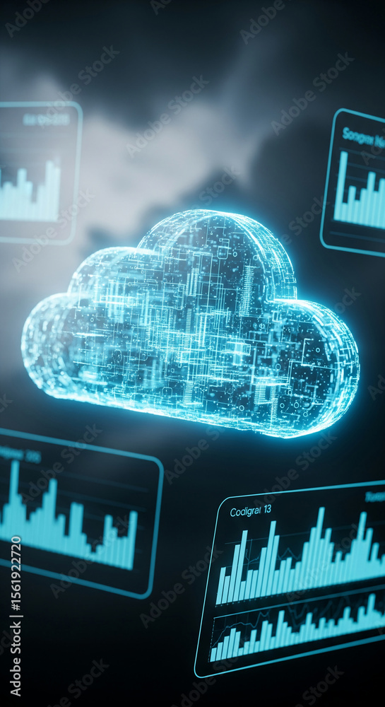 Poster glowing cyan cloud composed of circuit lines, symbolizing digital data storage and processing, showc