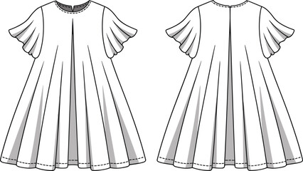 Elegant flared sleeve dress CAD drawing flat vector illustration, front back technical fashion sketch garment design template for Adobe Stock.